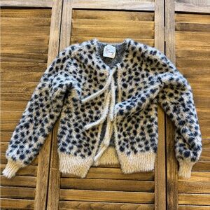 Live Daisy Tan & Black Fuzzy Leopard Print Tie Cardigan Sweater Girls Small